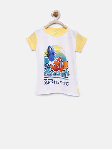 YK Printed Girl's Round Neck White T-Shirt