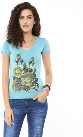 Yepme Graphic Print Women's V-neck Blue T-Shirt
