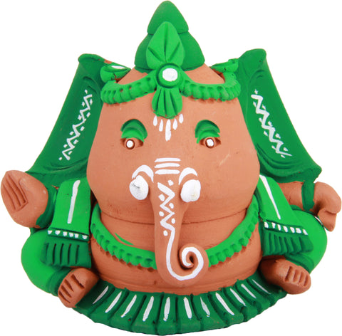 Adaa Terracotta - Bulge Green Ganesha Statue - Green Showpiece  -  6 cm