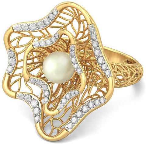 BlueStone Sylvan Lattice Yellow Gold Diamond, Pearl 14 K Ring