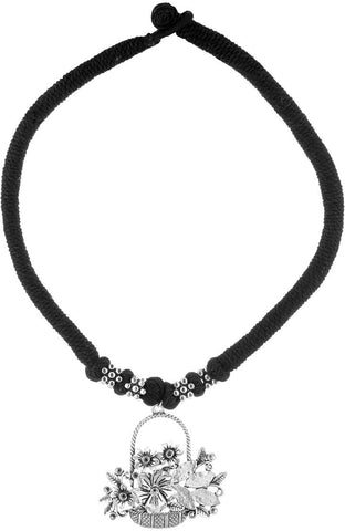 Voylla Artifictial Floral Oxidised Silver Plated Cotton Dori Necklace