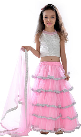Unique Fashion Self Design Girl's Lehenga, Choli and Dupatta Set