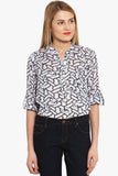 PURYS Casual Roll-up Sleeve Printed Women's White Top