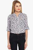 PURYS Casual Roll-up Sleeve Printed Women's White Top