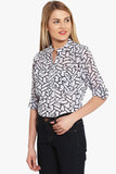 PURYS Casual Roll-up Sleeve Printed Women's White Top