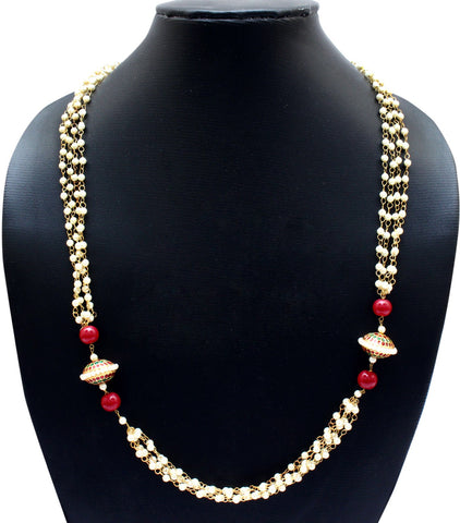 Affinity Jewellers Designer Meena Bead Red Taar Mala String Pearl 18K Yellow Gold Plated Alloy Necklace
