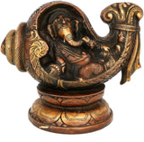 Collectible India Relaxing Conch Ganesha Brass Idol - Antique Finish Statue Showpiece  -  17.5 cm
