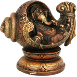 Collectible India Relaxing Conch Ganesha Brass Idol - Antique Finish Statue Showpiece  -  17.5 cm
