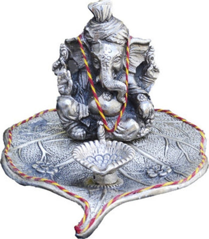 Bharatcraft Lord Ganesha with Diya on Leaf Showpiece  -  10.16 cm