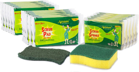Aasaan Heavy Duty Scrub Pads (L), 10 pcs and Sponge, 5 pcs Home Cleaning Set