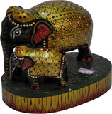 Lal Haveli Wooden Table Decor Mother & Baby Elephant Painted Showpiece  -  10.16 cm