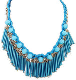 Jewel Touch Boutique Blue Tassel Decorated Weave Design Alloy, Acrylic Necklace