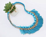 Jewel Touch Boutique Blue Tassel Decorated Weave Design Alloy, Acrylic Necklace