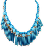 Jewel Touch Boutique Blue Tassel Decorated Weave Design Alloy, Acrylic Necklace