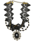 Jewel Touch Slacks Black Gemstone Decorated Lace Design Fabric, Alloy Necklace