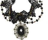 Jewel Touch Slacks Black Gemstone Decorated Lace Design Fabric, Alloy Necklace