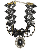 Jewel Touch Slacks Black Gemstone Decorated Lace Design Fabric, Alloy Necklace