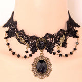 Jewel Touch Slacks Black Gemstone Decorated Lace Design Fabric, Alloy Necklace