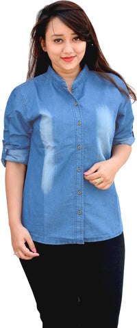 Aarti Collections Women's Self Design Casual, Formal Denim Light Blue Shirt