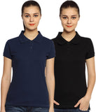 Go India Store Solid Women's Polo Neck Black, Dark Blue T-Shirt