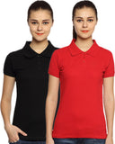 Go India Store Solid Women's Polo Neck Red, Black T-Shirt