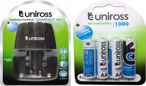 Uniross Compact 9V Battery Charger & 4U AA 1000 Series Rechargeable Battery  Camera Battery Charger