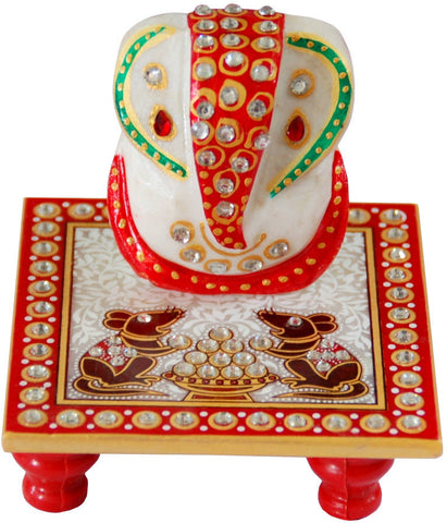 Villcart Marble Ganesha with Chowki and Mouse Painting Showpiece  -  10 cm
