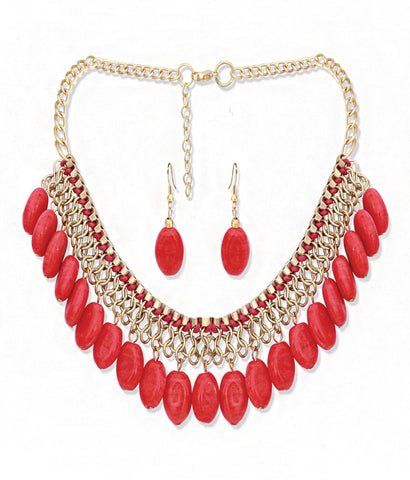 X Gold India Red Beads Jhaler Metal Jewel Set
